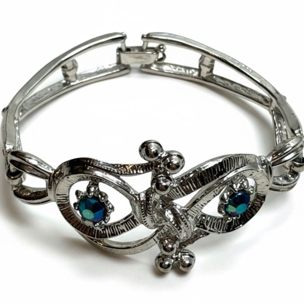 “Vintage Silver Tone Hinged Bangle Bracelet Aurora Borealis Rhinestone Accents”